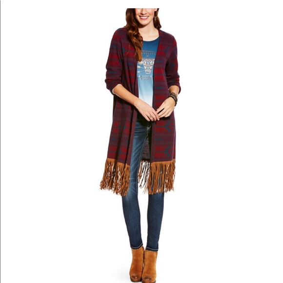 Ariat Sweaters - Ariat Oslo Multicolored Western Aztec Print Fringe Open Long Cardigan NWT